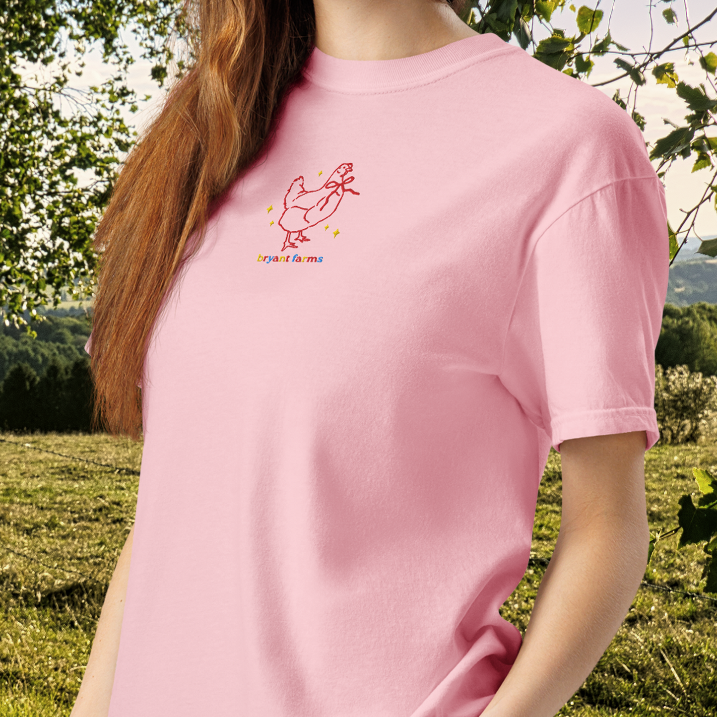 BRYANT FARMS CHICKEN WITH BOW EMBROIDERED UNISEX GARMENT-DYED HEAVYWEIGHT T-SHIRT