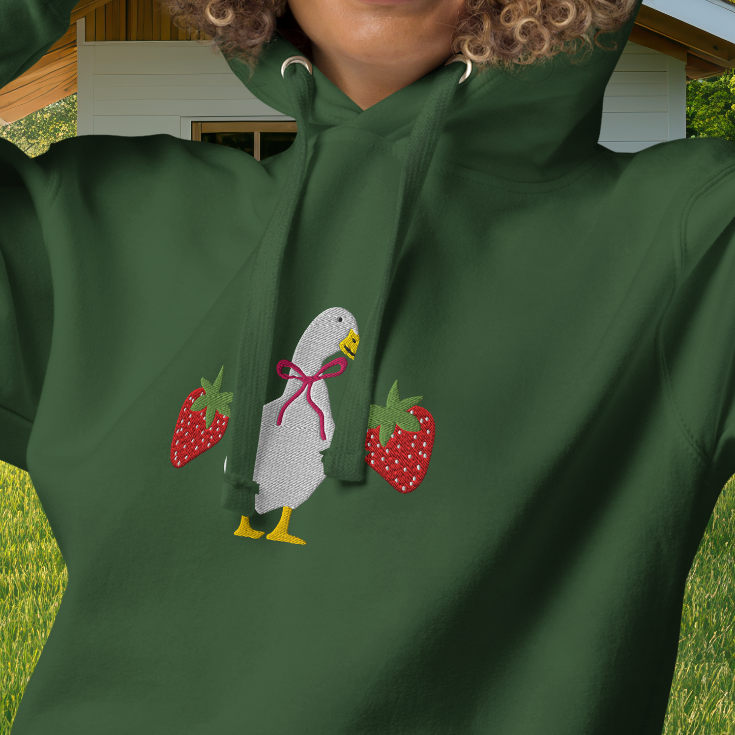 STRAWBERRY GOOSE WITH BOW EMBROIDERED UNISEX PREMIUM HOODIE