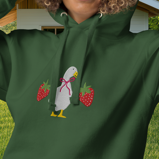 STRAWBERRY GOOSE WITH BOW EMBROIDERED UNISEX PREMIUM HOODIE