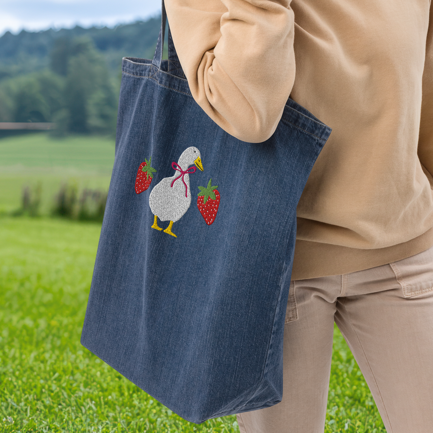 STRAWBERRY GOOSE WITH BOW EMBROIDERED ORGANIC DENIM TOTE BAG